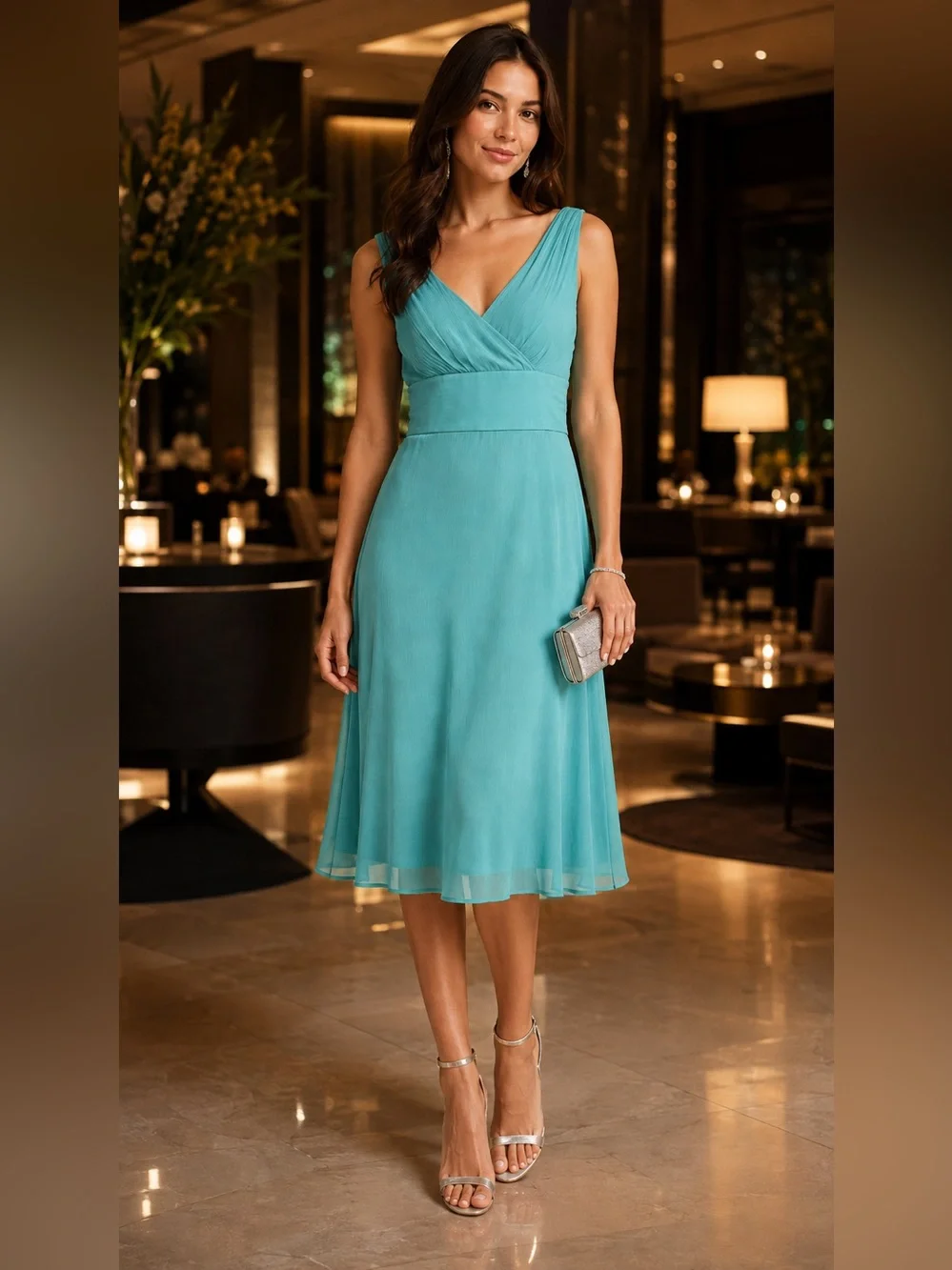 J.Crew Sophia Silk Chiffon Turquoise Aqua V-Neck Midi Dress Size 2
